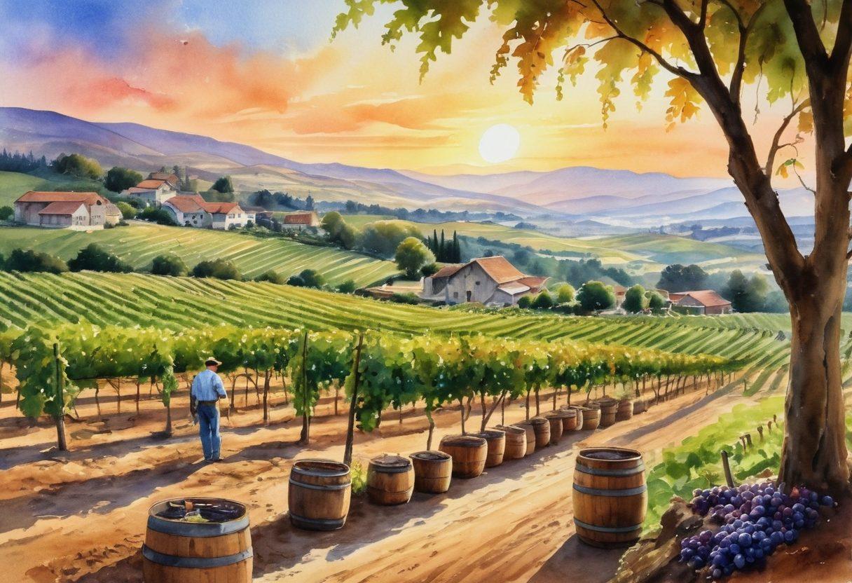 A picturesque vineyard landscape at sunset, featuring rows of grapevines, a rustic winery with barrels and tools, and an enthusiastic group of diverse people discussing winemaking techniques. Include vibrant grapes hanging from the vines and a backdrop of rolling hills. The atmosphere should convey warmth and passion for winemaking. watercolor painting. vibrant colors.
