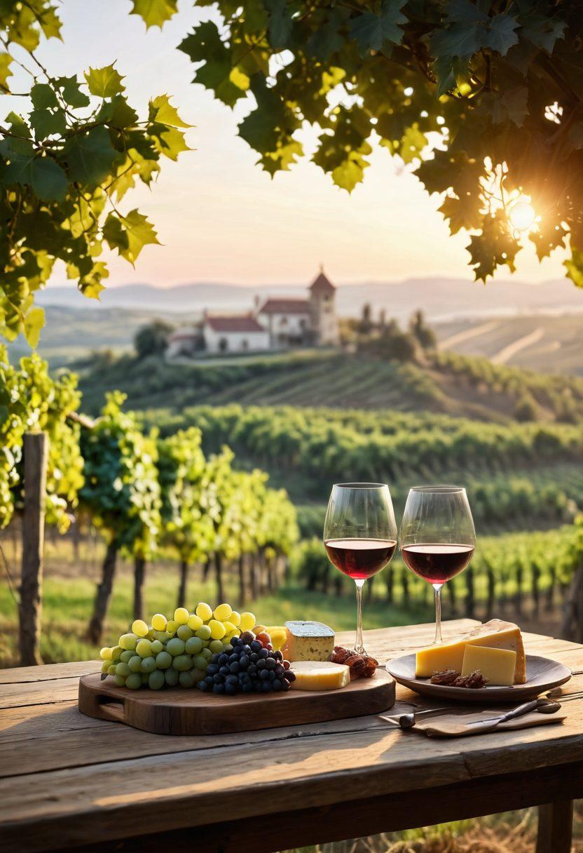 A picturesque vineyard landscape during golden hour, with lush grapevines stretching into the horizon. In the foreground, a rustic wooden table is elegantly set with wine glasses, a decanter, and a cheese platter, highlighting the wine culture. In the background, a winemaker gently harvesting grapes, capturing the essence of the journey from vine to glass. Soft bokeh effect and warm tones enhance the scene. super-realistic. vibrant colors.