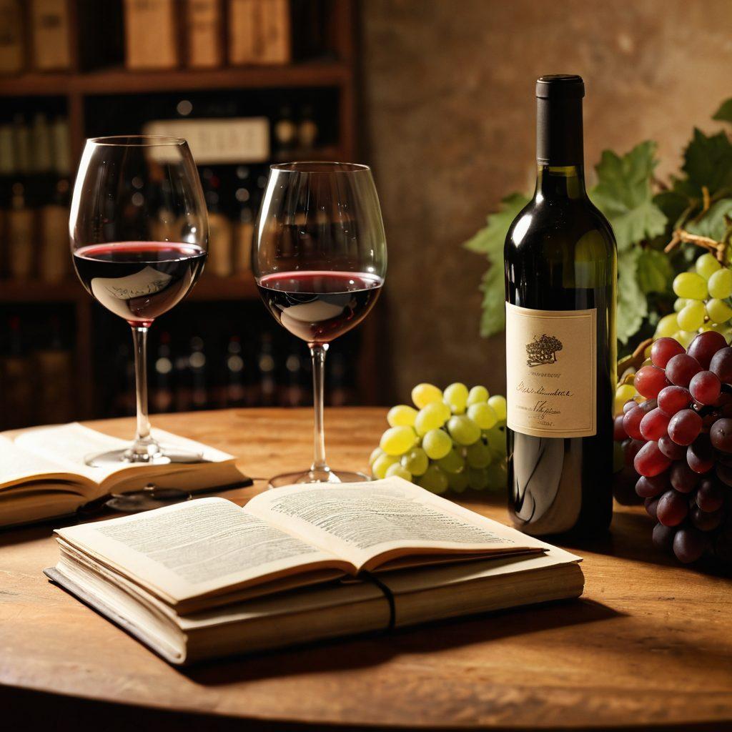 A sophisticated wine tasting setup featuring an elegant table decorated with various wine bottles, elegant glasses, and a wine tasting notebook. Soft, ambient lighting creates a warm atmosphere, with artistic backgrounds of vineyards and grapes blending into the scene. Include a hand holding a glass of wine, emphasizing the tasting experience. super-realistic. vibrant colors. soft focus.